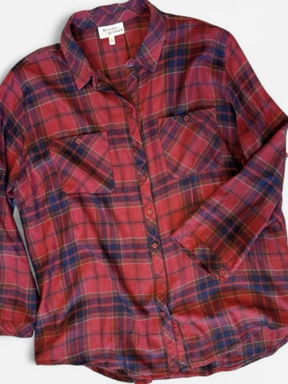 Hester & Orchard Rust Navy Plaid High Low Roll Tab Shirt Large
